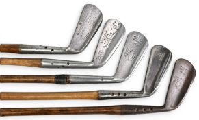 5x Flanged soled Maxwell model Golf irons incl Anderson driving iron, Halley mashie, St Andrews Golf