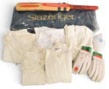 Collection of Vintage Cricket Accessories: clothes, trousers, shirts, gloves, and bat by Gary