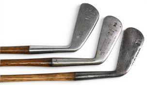 3x Goerge Nicoll Fife Scotland Golf irons incl a No 1 iron with George Nicoll script, No 2 iron