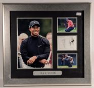 2004 Augusta Masters Golf Tiger Woods signed score card Display with three Tiger Woods photographs