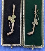 2x Ladies Silver Irish Golf Club Brooches with Shamrock Motifs, rubbed hallmarks (9)