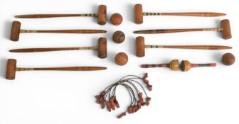 Period Table Croquet Game Set, a selection of 7 mallets, 8 hoops and 4 wooden balls (loose no box)