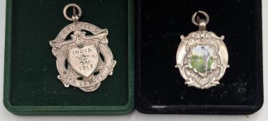 2x Silver Hallmarked Cricket Fob Medals: 1916 India SPR Spence J fob, and a fine enamelled front