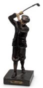 c1930 Golfer Figure Trophy, cast metal with a bronzed effect finish - hickory golf club aloft. #30cm
