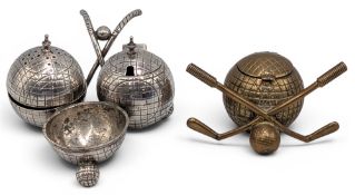 Silver Plated Golf Ball Cruet Set on stand, missing mustard, comes with a brass inkwell, golf ball