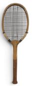 Period Wooden Lawn Tennis Racket The Opal made in England, with an unusual, stepped handle butt (