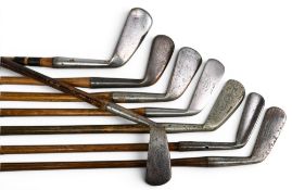 8x Assorted Golf irons incl 4x smf incl Willie Park mashie, T Nicholson gold medal cleek, Thompson