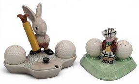 2x Golf Themed Ceramic Cruet Sets, a Crown Devon set (missing one golf ball), and a W J Wood Bunny