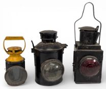 3x BR Railway Signalling Lantern Lamps, to include a bullseye lantern and a hand signal lantern with