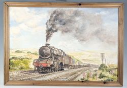 Painting of Steam Train on board, framed, signed and dated (Smith, 74). Train details to rear ‘Class