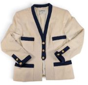 Vintage c1980 Chanel Ecru/Blue Wool Tweed Suit Jacket, three CC gold button, two pockets, shoulder