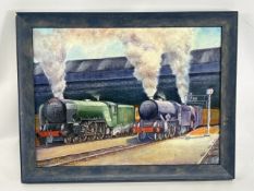 Painting of Steam Trains on canvas, framed, signed and dated (J Fronkel, May 03). Train numbers (