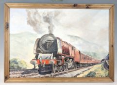 Painting of Steam Train on board, framed, signed and dated (Smith, 71). Train details to rear ‘LMS