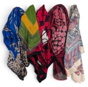 5x Designer Silk Scarves, Liberty of London, Valentino, Moschino, Roberto Cavalli, Saks Fifth