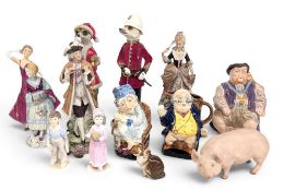 Collectible China Resin Figures, with noted makers of Ansley - incl pig, Renaissance figures,