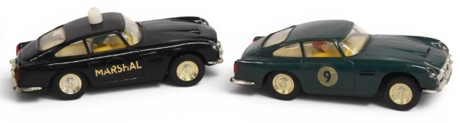 2x Classic Scalextric Slot Cars C68, Aston Matin DB4 GT in racing green, and Marstal car - in good