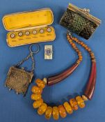 Period Costume Jewellery: a boxed set of collar studs, plastic necklace, two metal period purses,