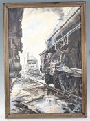 Painting of Steam Train on board, framed, signed and dated (Smith, 70). Train details to rear ‘LMS
