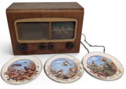 Vintage Cossor Valve Radio, untested condition, and 3 Royal Doulton collector plates (birds)