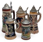 5x Collectable German Stein Tankards - including one musical example, in good condition