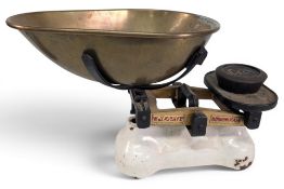 Period white enamel W & Y Avery Ltd Birmingham Scales, with brass scoop, these have been used in a