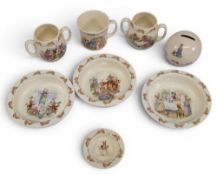 Royal Dolton Bunnykins Collectable Ceramics: baby bowls, mugs, money box, two handled mug, small pin