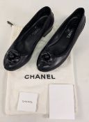 2015 Chanel Shoes Camellia Flats, black leather with Harrods receipt, cloth bag, leather soles, with