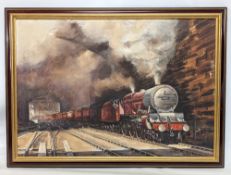 1973 Oil on Board Railway Locomotive Train Painting: The Merseyside Express, leaving Liverpool