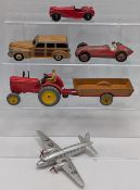 Vintage Dinky Diecast Toys: Massey Ferguson farm tractor and trailer Plymouth Woody 344, Alfa