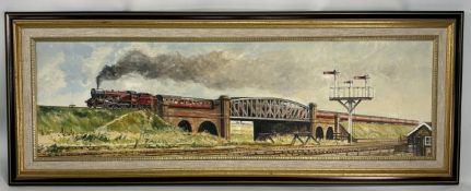 1976 Oil on Board Railway Locomotive Train Painting: Royal Scot LMS 6101, crossing the Manchester