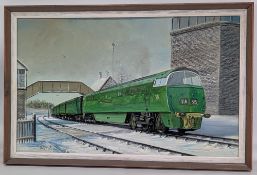 Oil on Board Western Warrior BR Class 52 Diesel Locomotive Painting, in snow 1978 D Hey - size #43cm