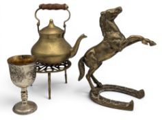 Brass Collectables: a brass horse figure on horseshoe, trivet teapot and a plated cap
