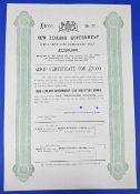 NEW ZEALAND GOVERNMENT – 5% LOAN - Bearer Debenture Bond for £1,000 1876. Royal Coat of Arms top