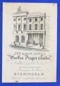 GREAT BRITAIN - TRADE CARD. BIRMINGHAM, WOLLEN DRAPER & TAILOR, New Street 1830-40s. Fine
