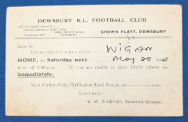 1946 Wigan Rugby League Selection Card for Jack Bradbury May 20th, 1946