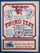 1932 Australia v England Rugby League 3rd Test Programmes, held at Sydney CC 16th July 1932 - slight