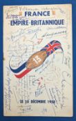 1950 France v British Empires multi signed Programme Menu Card - Dec 10th, 1950, a good selection of