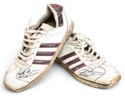 Steve Bull Signed Adidas Trainers – size 9 UK – appear in used condition, signatures to both are