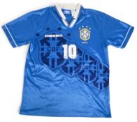 Brazil International Away 1990s Football shirt in blue, short sleeved, number 10 to front and