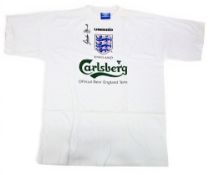 Gordon Banks Signed England Football T-Shirt – signed in ink to the front, Umbro XL, in white, short