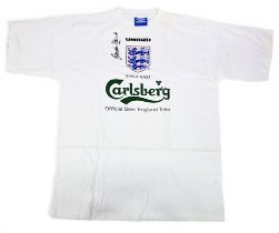 Gordon Banks Signed England Football T-Shirt – signed in ink to the front, Umbro XL, in white, short