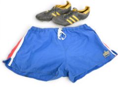 Geoff Hurst Football Boots & Shorts – features a worn pair of Adidas Football boots size 8 1/2, with