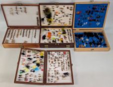 4x Wood Fly Boxes, full of salmon and trout flies, artificial baits, a well tied collection neatly