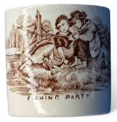 Antique Staffordshire Pottery Small Fishing Party Mug, transfer printed 7cm tall - in good