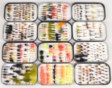 A collection of 6 unnamed black alloy fly tins 6” x 3 ½”, lined with slotted foam base and lid, with