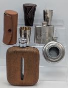 Hunting Fishing Hip Flask and Stirrup Cups, to include a leather clad half pint flask, a stainless