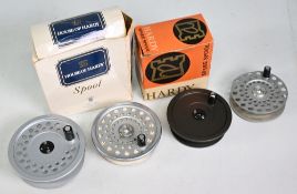 A collection of Hardy fly spools, as follows: 1x 3 ¼” Uniqua, boxed unused. 1x Viscount 150,