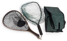 Wooden tennis racket style sloop net with brass swivel and spring clip. Alloy scoop net with foam