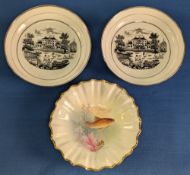 Antique Fishing themed small side pin dishes and plates: pair Staffordshire black print silver edged