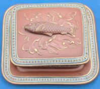 Antique F & R Pratt & Co Fenton Sardine Fish Tureen: a lidded dish and tray - the fish relief has an